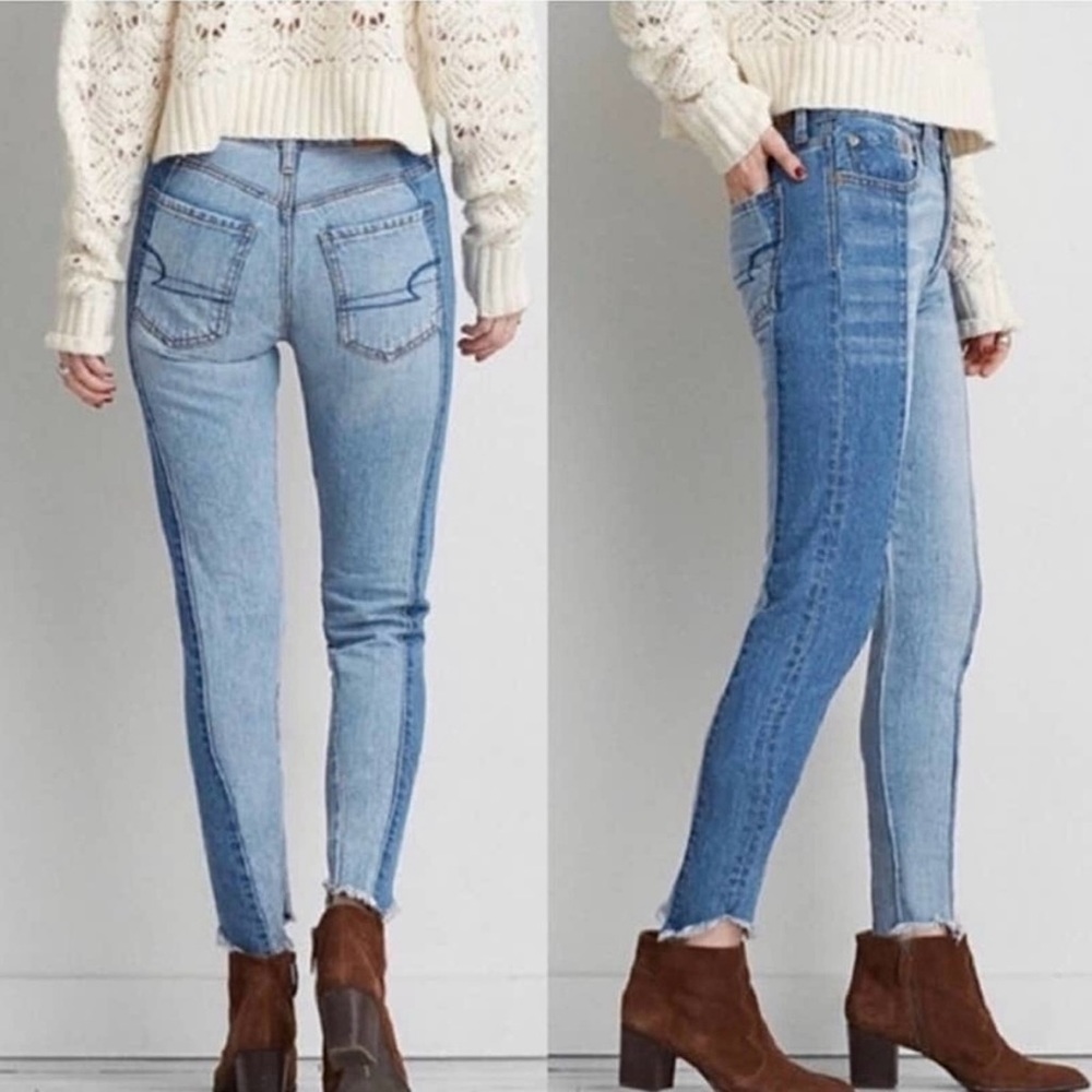American Eagle Ladies Cropped Jeans Two Tone High Rise Raw Hem Size 12 14 GUC